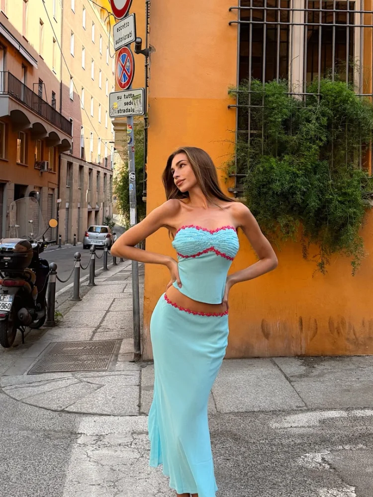

Sexy Y2K Halter Crop Top Skirt Set Women Chic Contrast Trim Floral Off Shoulder Tops Maxi Skirt Streetwear Beach Vacation Outfit
