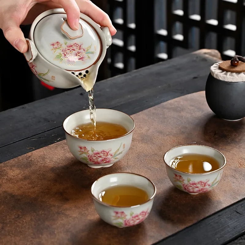 High-End Chinese Ceramic Hand-Painted Travel Tea Set One Pot And Three Cups Outdoor Portable Commemorative Gift Teacup Teapot