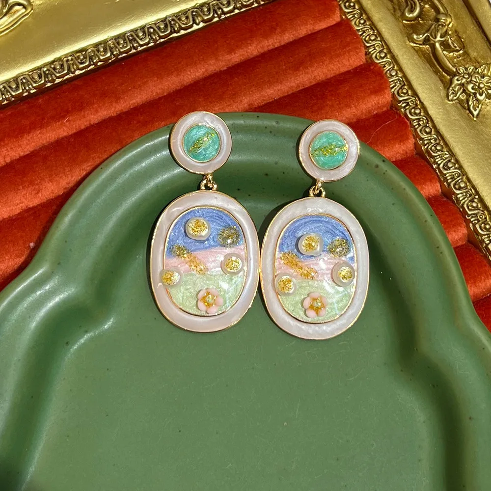 أقراط ريترو مونيه جاردن باللونين الأزرق والأخضر، أقراط مطلية باللؤلؤ الباروكي القديم، متعددة الاستخدامات ورائعة