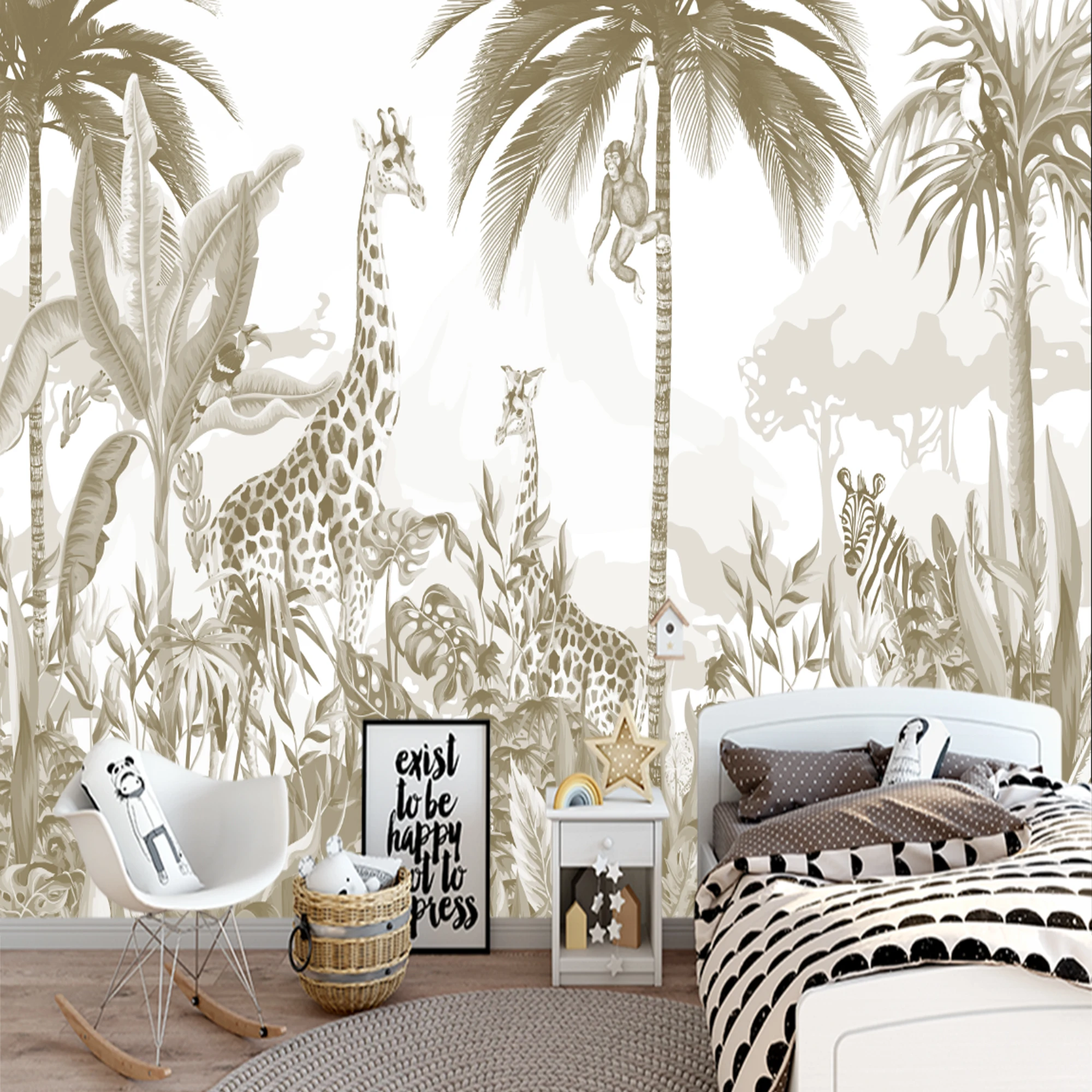 Custom Jungle Safari Animals Wallpaper Mural, Vintage Sepia Giraffe Zebra Monkey Tropical Palm Wall Mural for Kids Bedroom