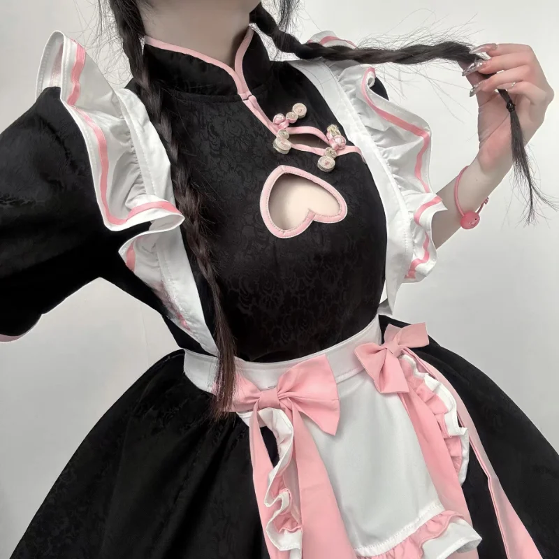 Kostiumy pokojówki w stylu chińskim Anime Lolita słodka różowa suknia w stylu qipao uczennica Halloween animacja pokaz do odgrywania ról strój pokojówki