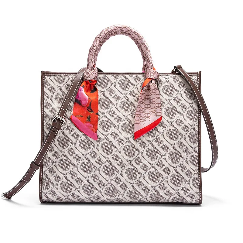 CHCH Women Luxury Monogram Tote Handbag Designer Letter Print Large Capacity Top Handle Shoulder Bag With Decorative Silk Scarf