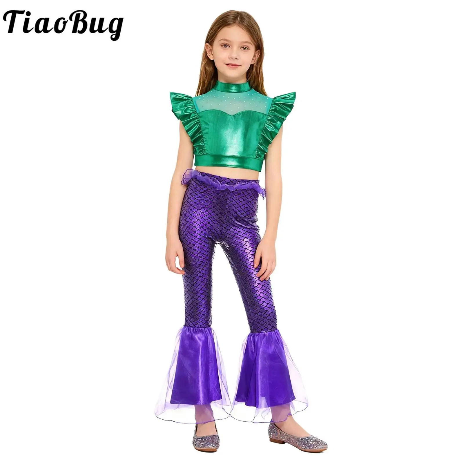 

Girls 2 Pieces Mermaid Cosplay Costumes Halloween Carnival Party Jazz Dance Set Sleeveless Cropped Tops with Ruffle Flared Pants