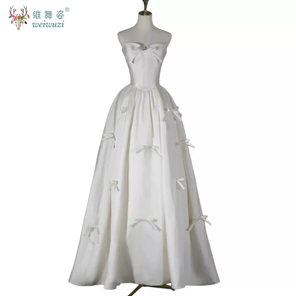 프랑스 스타일 새틴 a 라인 웨딩 드레스 간단한 Strapless 신부 약혼 드레스 Applique Bow Floor-Length Sweetheart 가운