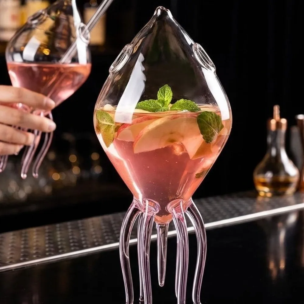 Glass Squid Shape Cocktail Glass Large Capacity With Straw Jellyfish Wine Goblets Animal Shape Creative Design Beer Cup