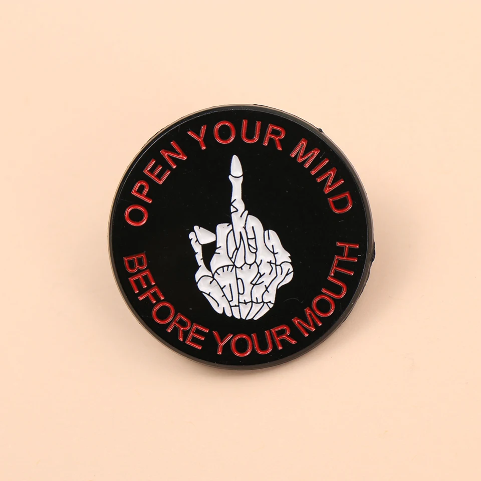 Punk Skull Giving The Middle Finger with  Letters OPEN YOUR MIND BEFORE YOUR MOUTH Enamel Metal Funny Lapel Pins Brooches Badges