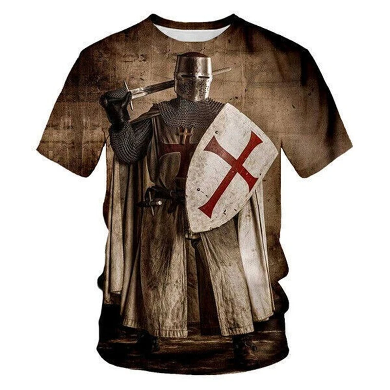 Knights Templar T-shirt Men\'s 3D Printing Cross Round Neck Short Sleeve T Shirts Harajuku Personality Cool Breathable Tee Top
