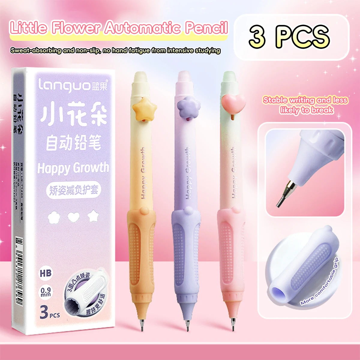 LanGou 0.9 มม.Anti-Break Lead ดินสออัตโนมัติสําหรับเด็ก Back to School Sketching ร่าง Comfort Grip เติม Clicker