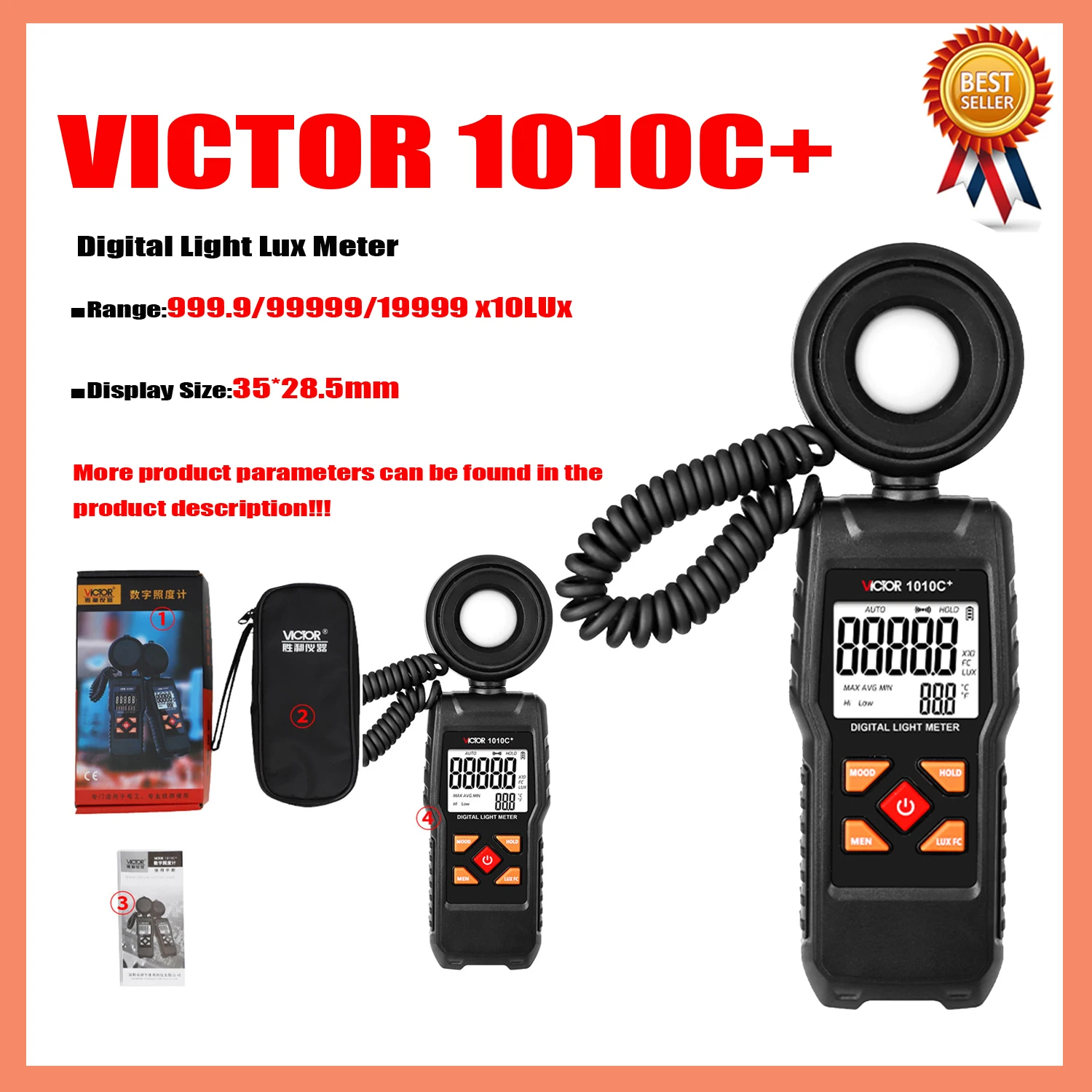 

VICTOR 1010C+ 1010E+ Digital light Lux Meter Range 999.9/99999/19999 x10LUx,Illuminance Meter, Light Meter, Brightness Meter.