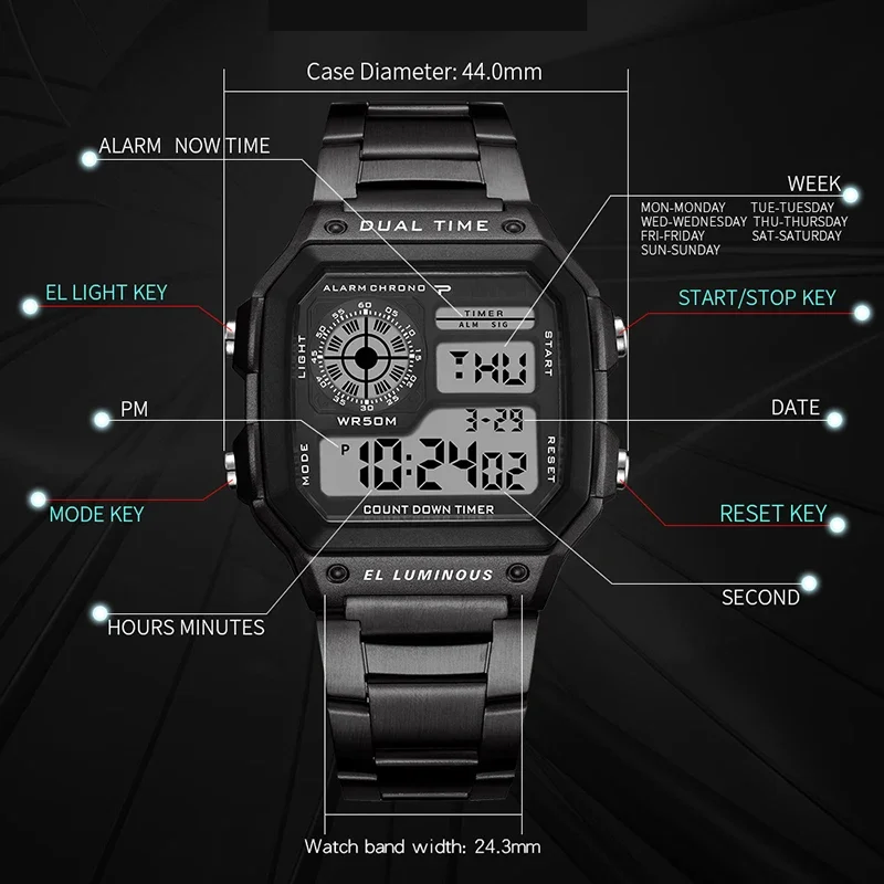 YIKAZE-reloj Digital para hombre, pulsera electrónica Led resistente al agua, con correa de acero inoxidable y cuenta atrás, ideal para regalo