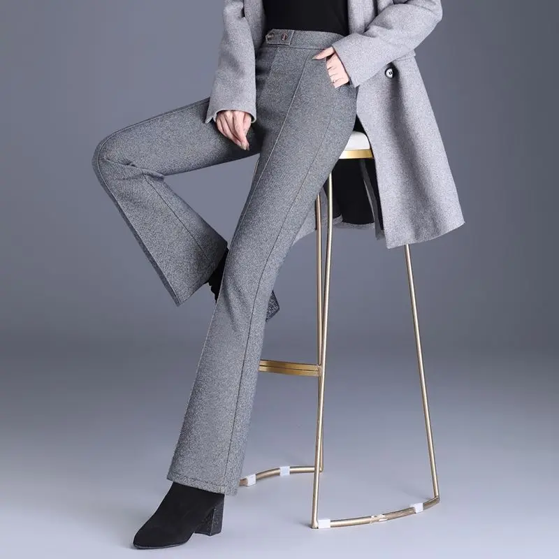 Flare Autumn Winter High Waist Pants Casual Elegant Elastic Waist Boot Cut Solid Color Office Lady Elastic Slim Trousers 2024