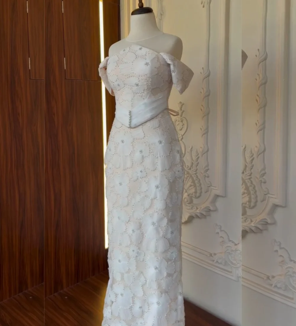 Customized Intricate Lace Pleat Straight Off-the-shoulder Long Bespoke Occasion Party Dresses Chinese Style