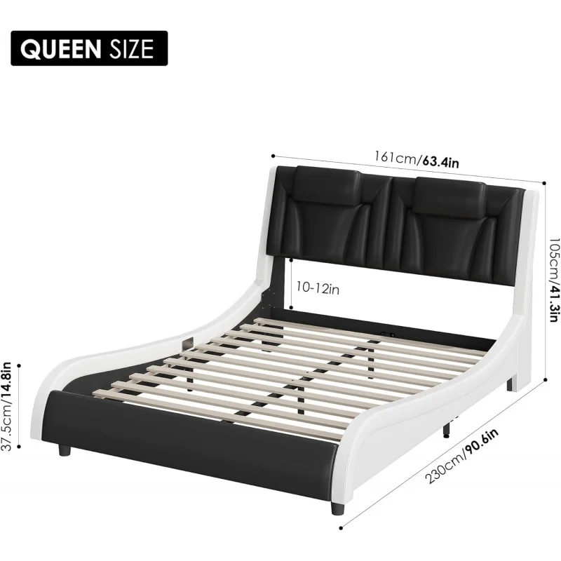 Keuv upholstery bed frame with adjustable LED headboard, PU leather platform bed with wave-like curve design and solid wooden