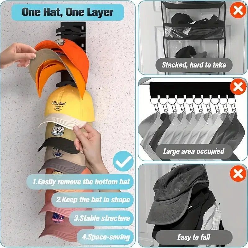 Upgraded Oversized Baseball Cap Organizer, Holds 24 Caps, No Drill Hat Rack for Closet Doors & Walls, Modular Storage with Magnetic Interlocking Design
