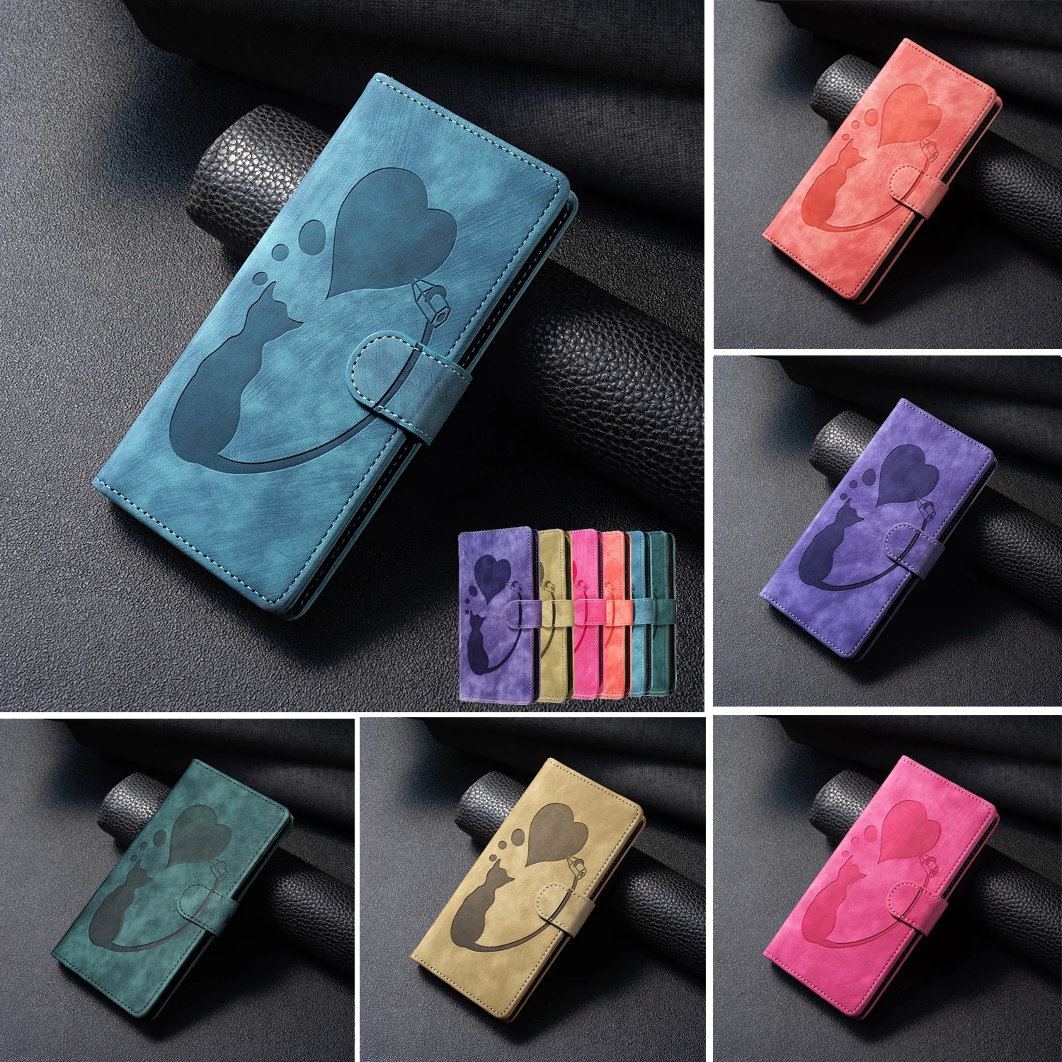 Emboss Cat Love Heart Leather Flip Book Wallet Case For GOOGLE Pixel 9 Pro 8A 8 7 7A Cards Solt Bag Purse Stand Cute Skin Cover