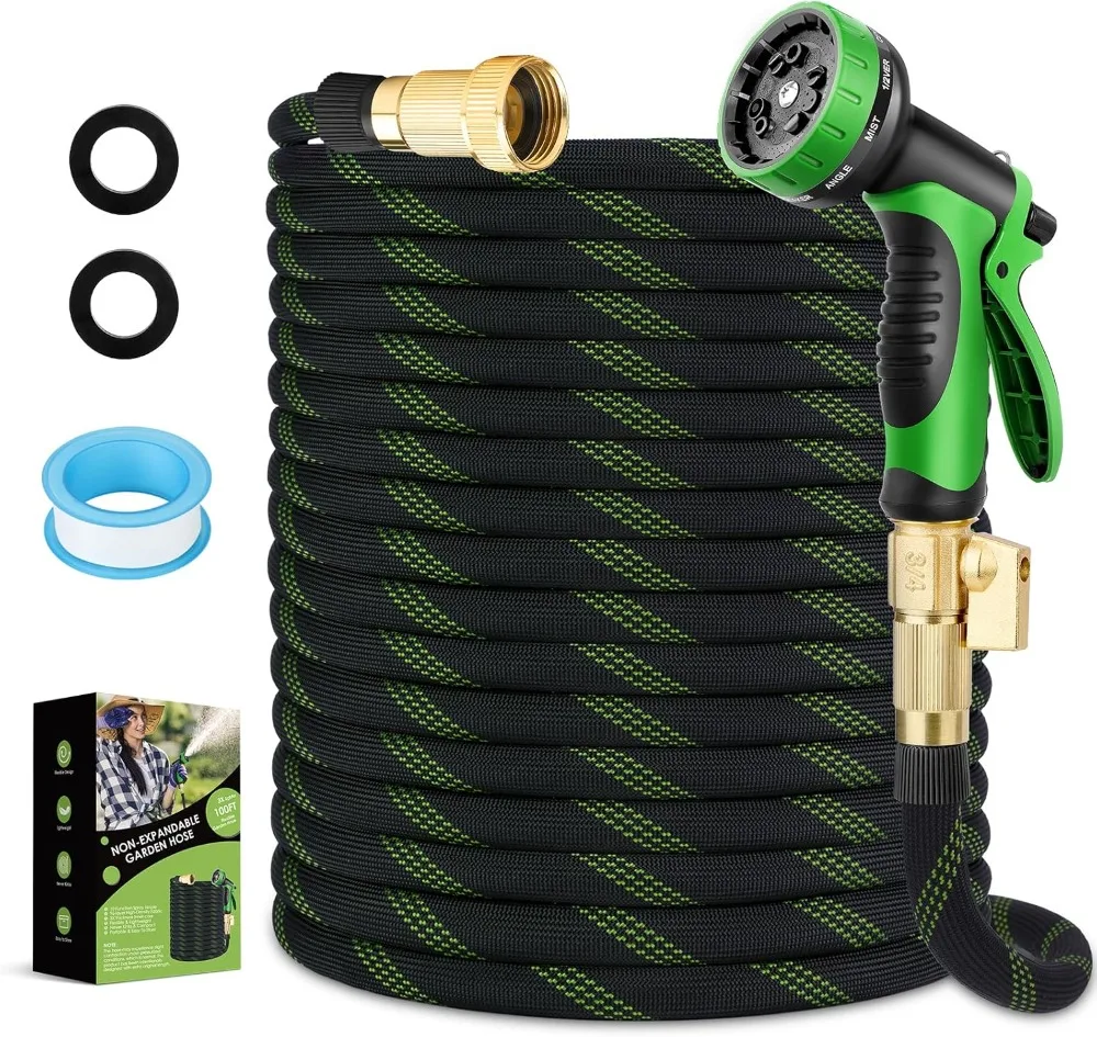 

Garden Hose 100 ft NON-EXPANDABLE Ultra Lightweight Flexible Water Hose With 10-Pattern Spray Nozzle Kink-Free Leak-Proof