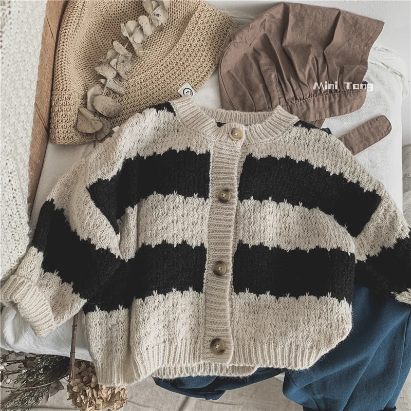 Spring And Autumn Newborn Baby Boys And Girls Baby Black And White Striped Knitted Cardigan Children\'s Casual Loose Baby Clothes