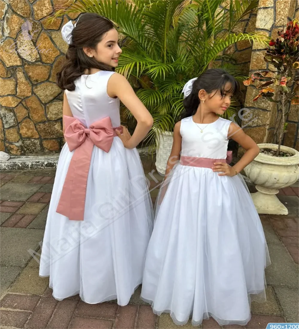 Ivory Elegant Flower Girl Dress Fluffy Satin with Mesh Pink Belt For First Communion Dress Princess Birthday