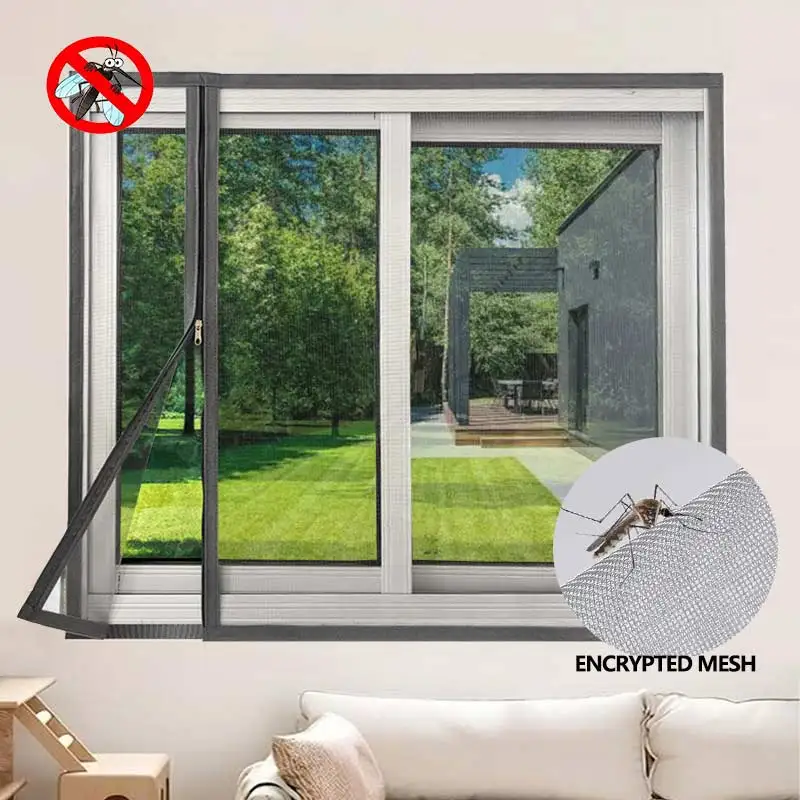 No-drill Zippered Window Screen Summer Anti-mosquito Dense Mesh Side-open Detachable Washable Household Easy Mounting