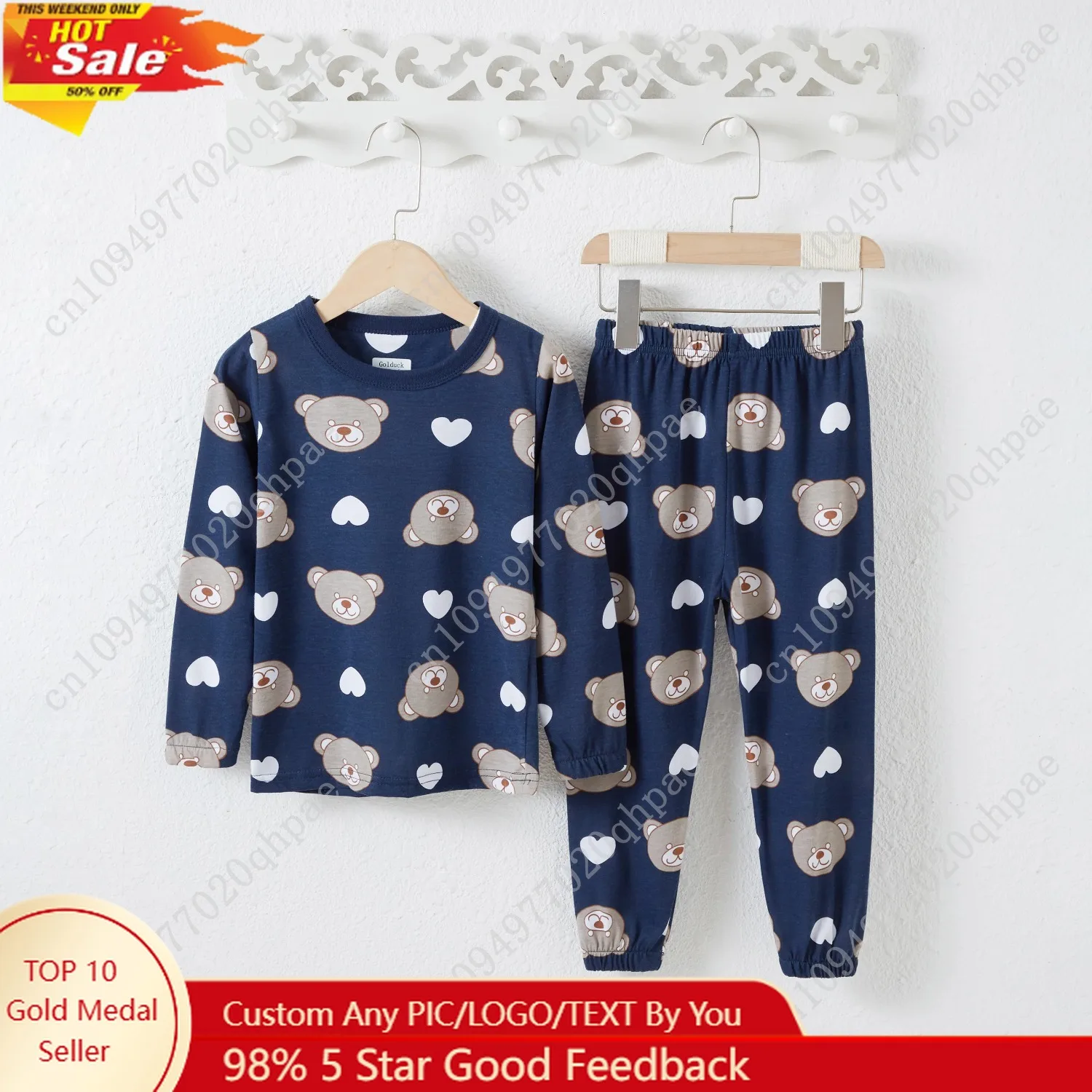 

100% cotton children's sleepwear set in stock from the manufacturer, fully printed cartoon bear long sleeved set for pajamas 2ps