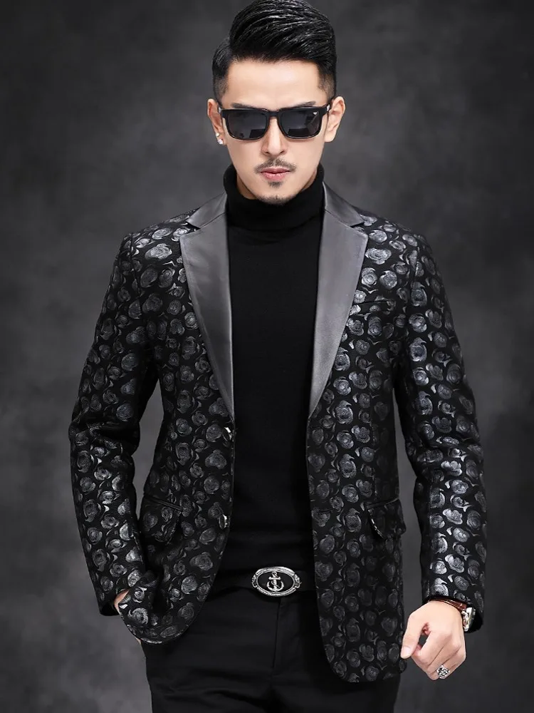 New Designer Business Men Work Floral Printed Blazer Suit Coat Autumn Slim Fit Single Breasted Sheepskin Genuine Leather Jacket