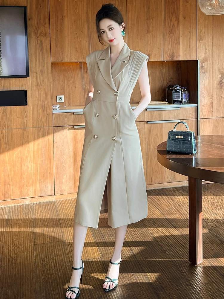 

Summer Business Elegant Office Formal Occasion Dress Women Clothes Commute Classic Sleeveless Double Breasted Slim Midi Vestidos