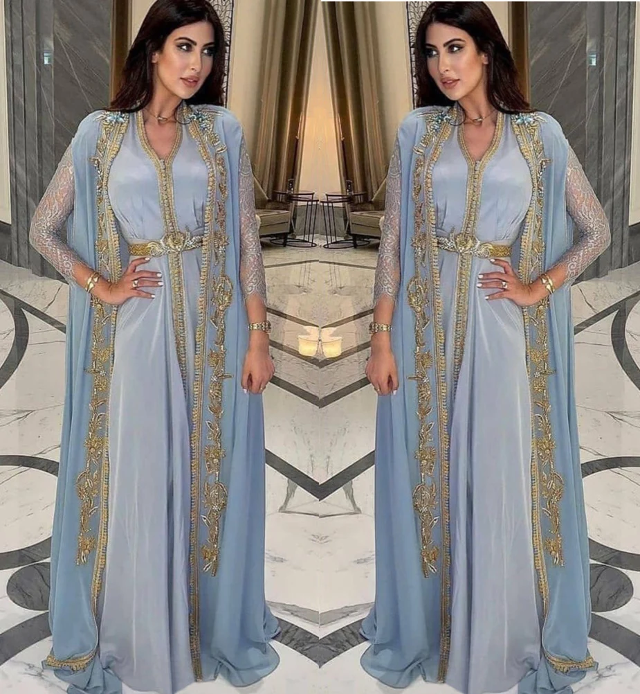 Caftan marroquino muçulmano vestidos de noite a linha mangas compridas chiffon grânulo dubai árabe turquia abaya vestido de baile islâmico personalizado