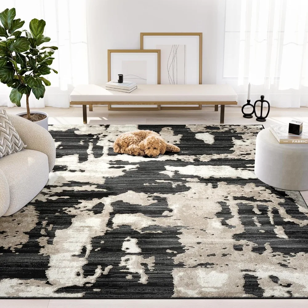 

Terra Cream Area Rug for Living Room, Bedroom - Black Abstract Pattern - 5' x 8' - Durable & Easy to Clean