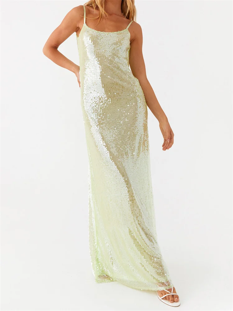 

CHRONSTYLE Women Shiny Sequined Long Maxi Dress Summer Backless Spaghetti Strap Party Dresses Vacation Beach Vestidos Streetwear