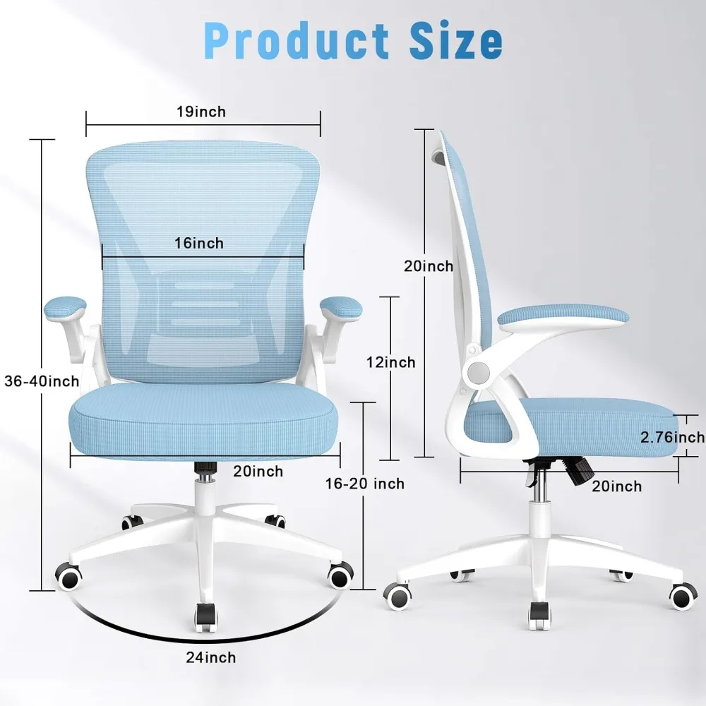 Silla de oficina ergonómica, silla de escritorio con altura ajustable, sillas giratorias con brazos abatibles y soporte lumbar sillas de oficina azules