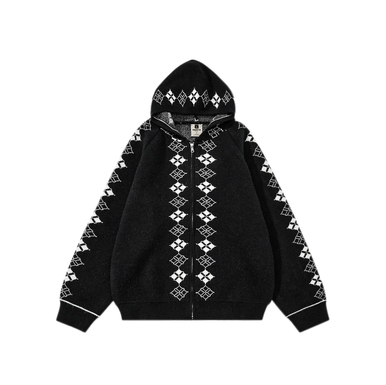 

American Retro Fair Isle Diamond Patterned Hooded Open Cardigan Sweater Heavyweight Lazy Sle Hat irt for Youth Men Women