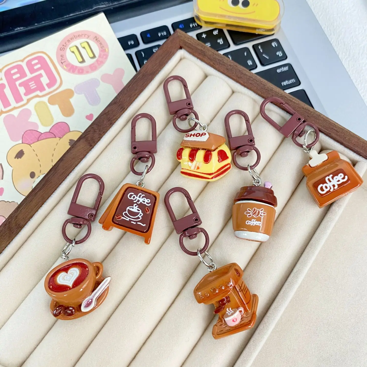 6Pcs Cute Coffee Shop Dragon Tooth Buckle Sweet Girl Pendant Star Cartoon Backpack Bag Pendant Girlfriend Accessories Kids Gift