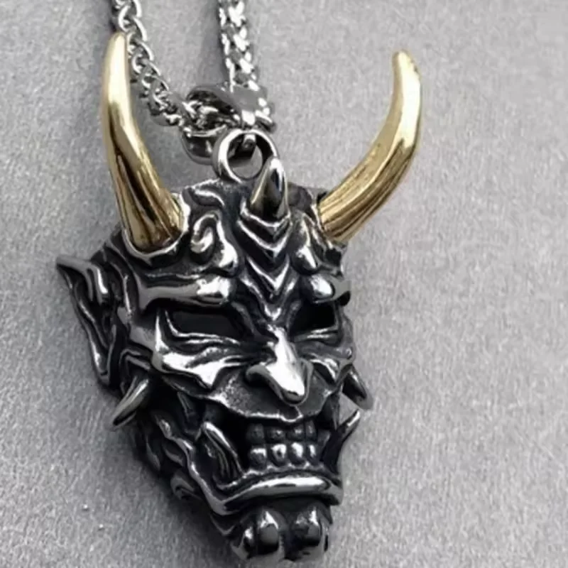 Japanische Gothic-Teufels-Schädel-Grimassen-Masken-Halsketten für Männer, Zahn-Dämonen-Masken-Anhänger, Retro-Punk-Stil-Schmuckgeschenk – Detail 3