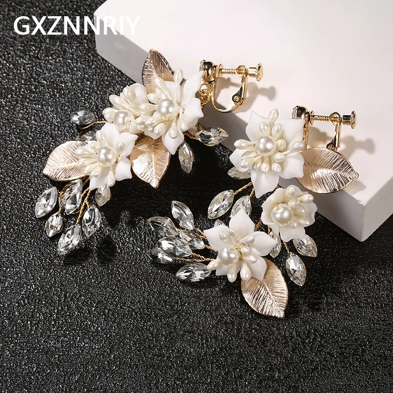 Ceramic Flower Rhinestone Clip On Earrings for Women Accessories Luxury Fashion Bridal Drop Earring Party Jewelry Prom Gift