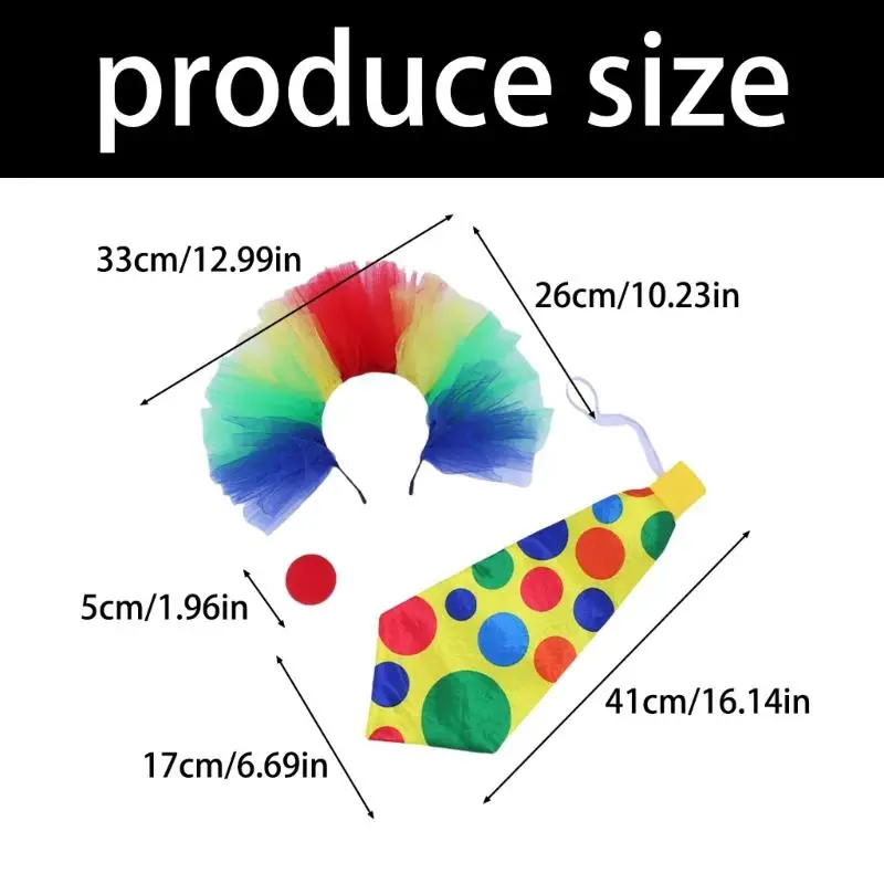 652F 3Pcs Adult Kids Clown Costume Clown Nose Colorful Jumbos Necktie Halloween Cosplay Costumes for Women Men Gifts