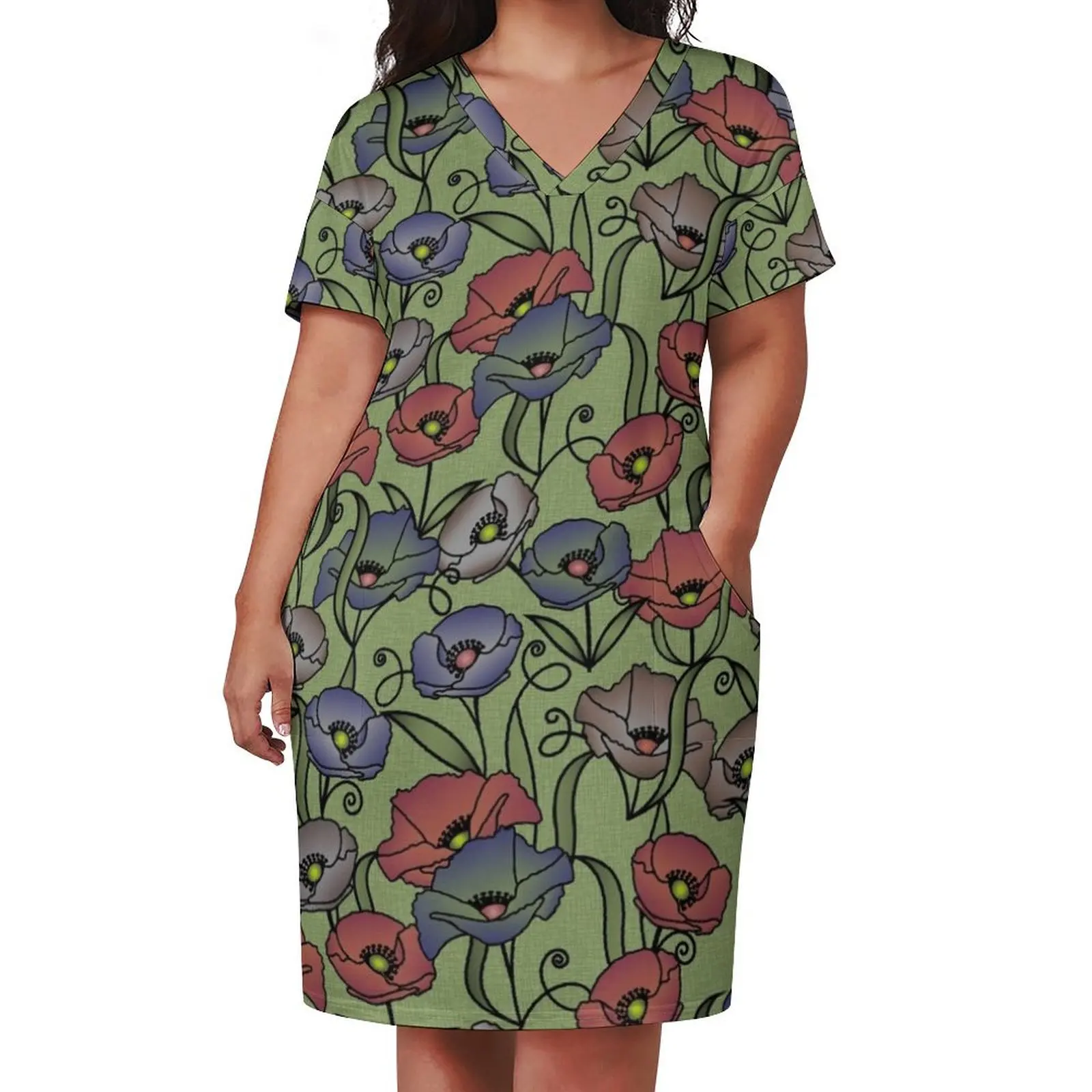 Modern Floral Print - Grass Green, Navy, Red Loose Pocket Dress Clothing prom clothes