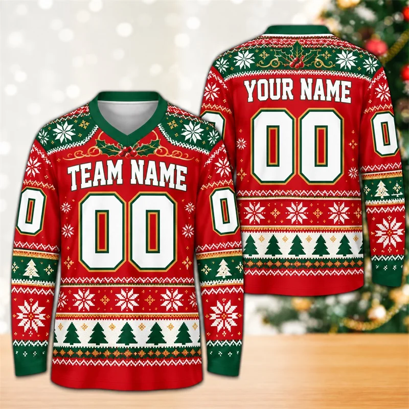 Personalized Gingerbread Christmas Hockey Jersey Custom Team Name Number Candy House Pattern Long Sleeve Ice Hockey Uniform Top