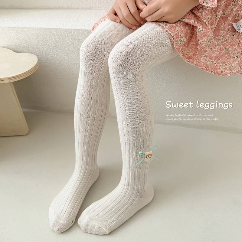 Little Girls Cute Solid Hue Pantyhose Adorable Tulip Cloth Tag Bow Ornament Comfortable Soft Elastic Knit Tights For Daily Wear