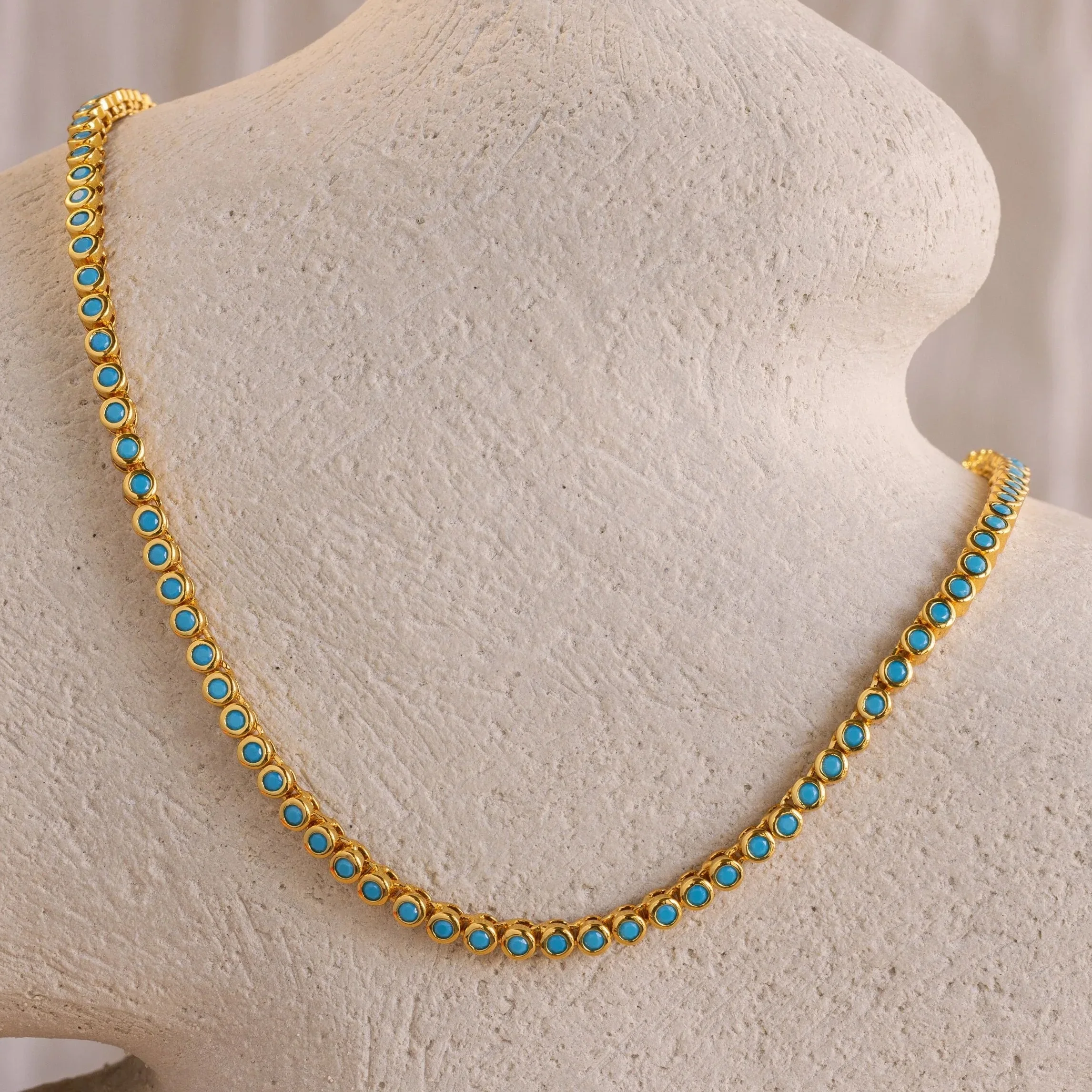 

Gold Color Tennis Chain Women High Quality Jewelry Geometric Round Blue Turquoises Stone Choker Necklace