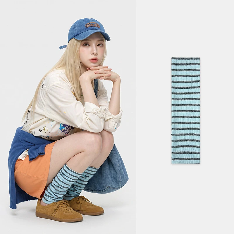 Y2K Socks Women's Vitality Blue and White Stripe Color blocked Beach Pure Style Leg Showing White Pile Stocking