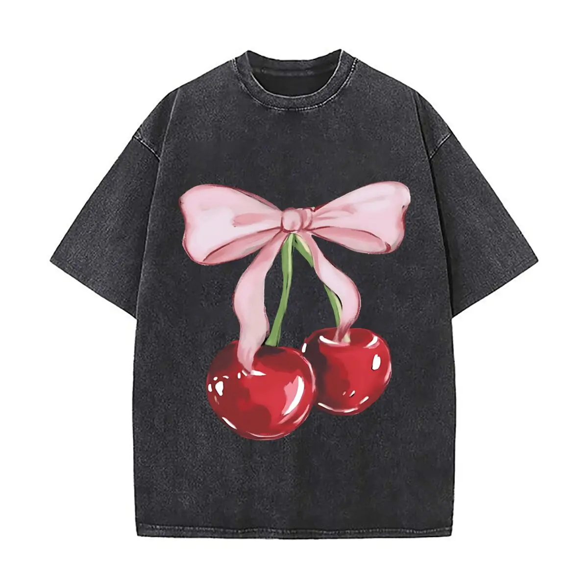 Black Cherry Bow Print Casual Vintage Distressed Loose Streetwear Tops for Campus Days