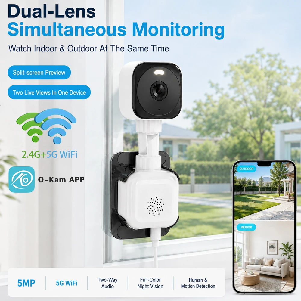2K Dual‑Lens Window Security Camera 5G WiFi Dual‑View Simultaneous Monitoring Stick‑on Glass Indoor Outdoor Surveillance Camera