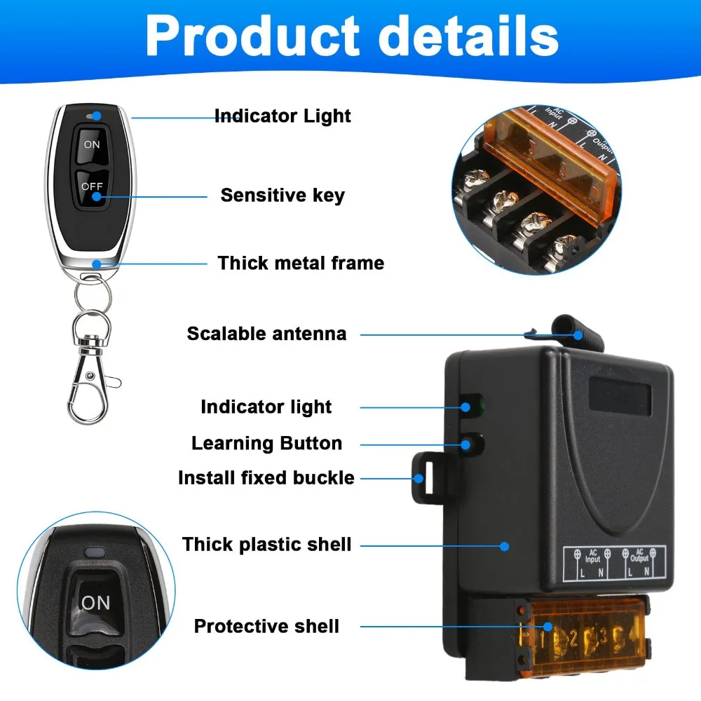 

Wireless Remote Control Switch AC 110V 220V 30A High Power Pump Appliance Relay 1CH Receiver Controller 433 Mhz with 100m Remote