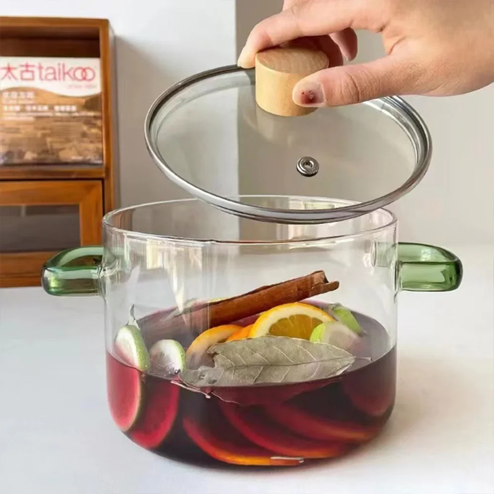 1.6L Glass Soup Pot with Double Handles Transparent Health Cooking Pot for Electric Ceramic Hob Instant Noodle Bowl Heatable Kit