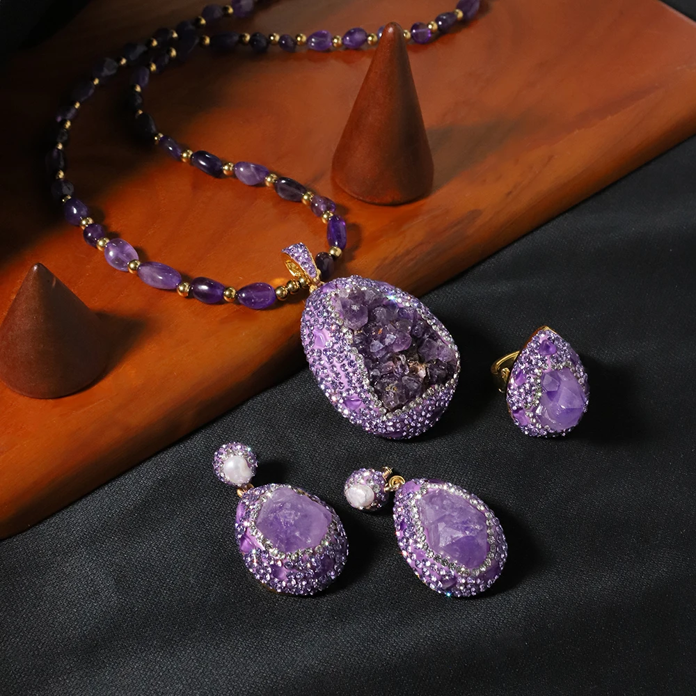 Natural Amethyst Zircon Necklace Ring Earring Set Korean Style Women Luxury Jewelry Fashion Ladies and Girls Gift GS0198