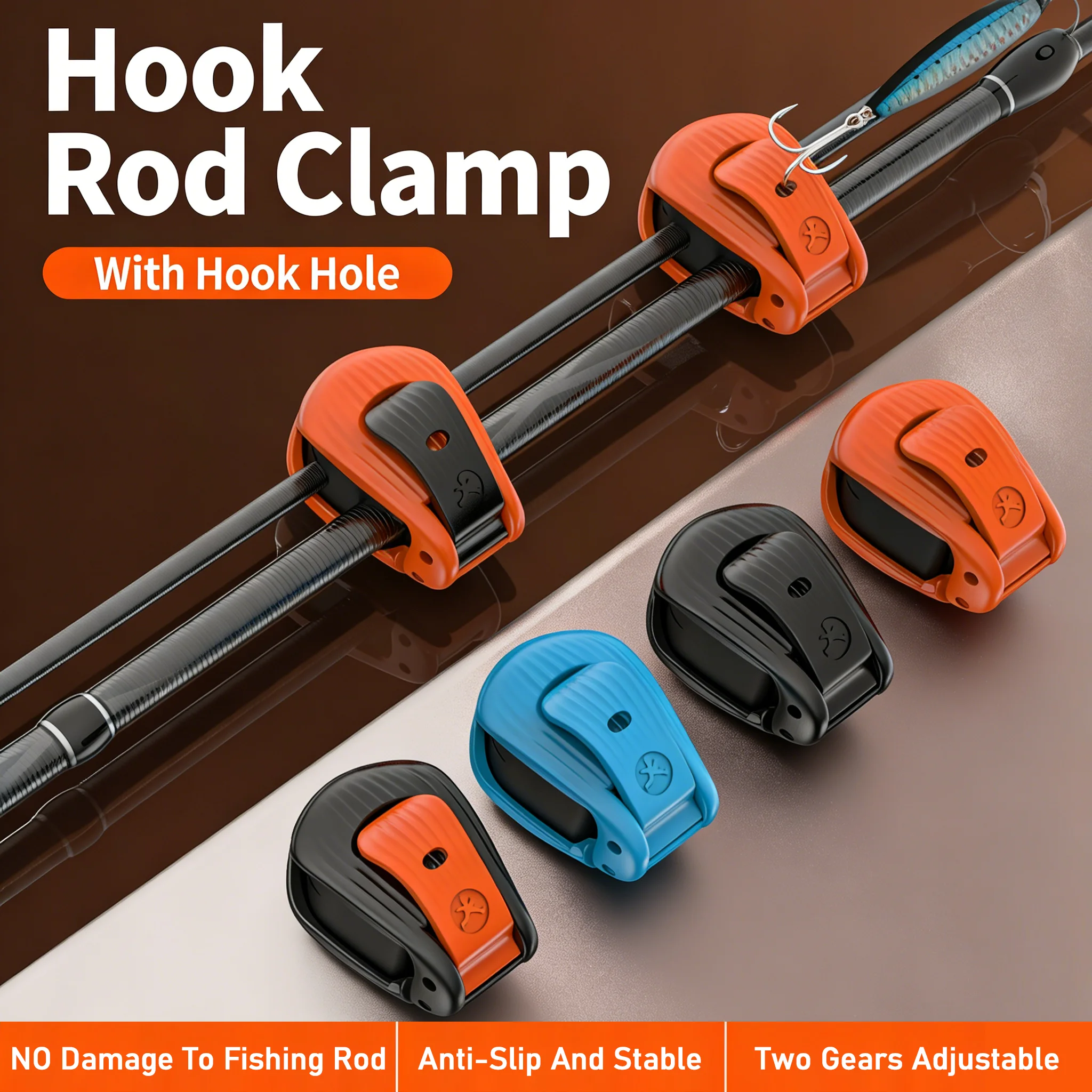 Easy-to-Use Lure Rod Clamp, Built-in Hook Hole for Safe Storage, Universal Fit for Most Fishing Rods, Adjustable 2-Gear Rod Fast