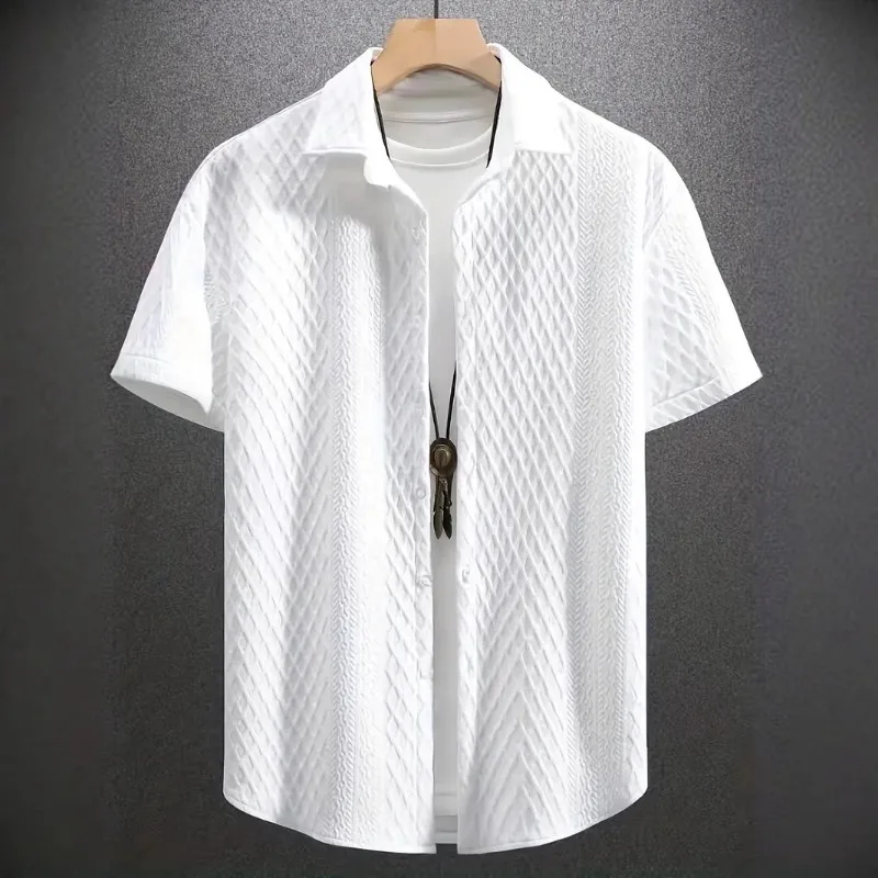 

Cross-border Men's Solid-color Short-sleeved Lapel Amazon Solid-color Knitted Shirt Jacquard Casual Short-sleeved Shirt Fashion