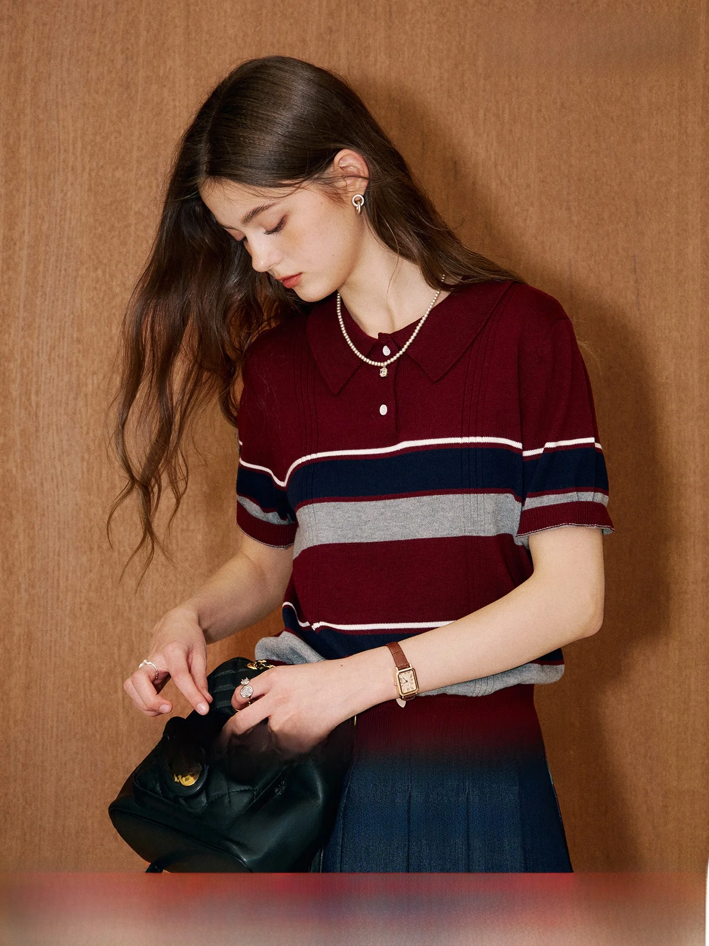 

KuNMaVi Retro Striped Knitwear Collar Short Sleeve Women's Fashion Color Block Summer New Arrival Soft Breathable