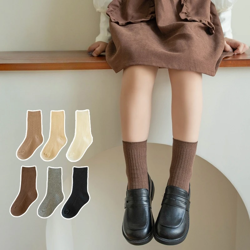 

Solid Color Knitted Mid Calf Long Socks Boys Girls Spring Autumn Striped Socks Baby Kids School Student Uniform Cotton Socks New