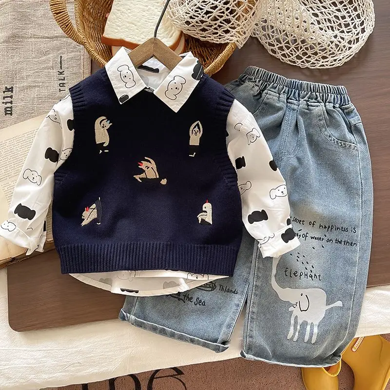 秋冬ファッションベビーボーイズキッズ漫画ニットベストチョッキ-かわいいシャツ-ジーンズパンツ子供カジュアル3点セットハンサムスーツセット